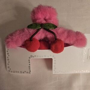 Pink Fuzzy Hair Clip with Cherry Design🍒🍒